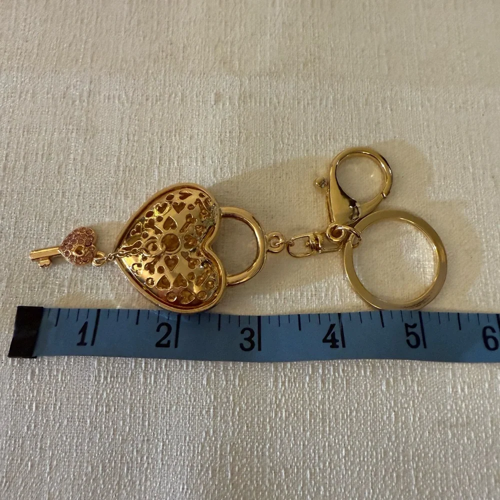 Gold Tone and Pink Heart Love Lock Purse Charm & Key Crystal Keyring